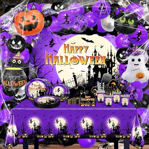 Lecheme Halloween-Party-Dekorationen, lila, Halloween-Ballonbogen-Set mit Spinnennetz, Hexenhut, Fledermäuse, Happy Halloween-Hintergrund, Geschirr für 24 Personen, Violett, 296 Stück von Lecheme