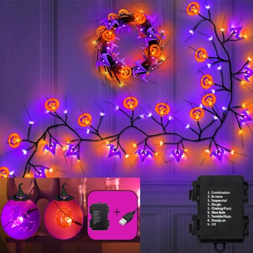 Lecone 1.8M 54 LED Halloween Weide Rebe Zweig Dekor Girlande mit 18 LED Kürbisse & Spinnen Timer 8 Modi Wasserdicht USB Batteriebetrieben Halloween Dekorationen von Lecone