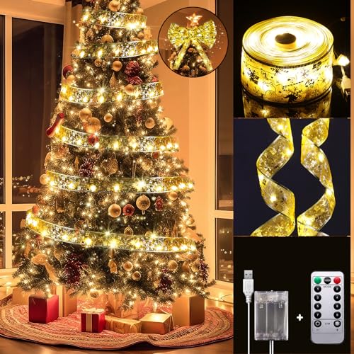 Lecone 2 Stücke Weihnachtsband Lichter,12M(2 * 6M) 120 LED Bänder Lichterketten,Batteriebetriebene Weihnachtslichterkette,für Urlaub,Party,Hochzeiten,Innen und Außenbereich Weihnachtsdekoration von Lecone