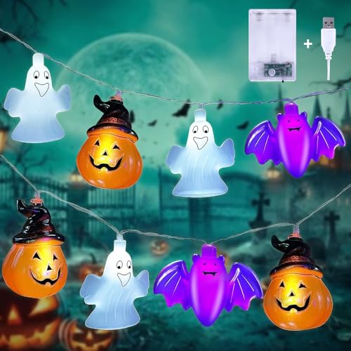 Lecone 4M 20 LED Halloween Deko Lichterkette Kürbis Fledermaus Geist Deko Licht Batteriebetriebene Lichterkette und USB für Halloween Thema Party, Karneval, Veranda, Fenster, Dekoration von Lecone