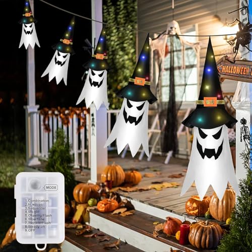 Lecone Halloween-Deko Garten Outdoor,5 Stück Hängende Geister mit Hexenhut,Halloween Lichterkette Fliegende Geisterhüte mit10 LED Lichtern für Karneval Party Halloween Terrasse Baum Veranda Deko von Lecone