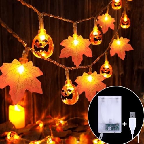 Lecone Halloween Deko Lichterkette, 3M 20 LED Orange Ahornblätter Kürbis Lichterkette Innen und Außen Deko Lichtkette Batteriebetrieben USB Lichtkette für Halloween, Party, Zimmer, Gärten, Hochzeit von Lecone