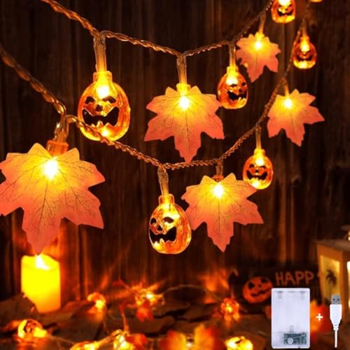 Lecone Halloween Deko Lichterkette, 3M 20 LED Orange Ahornblätter Kürbis Lichterkette Innen und Außen Deko Lichtkette Batteriebetrieben USB Lichtkette für Halloween, Party, Zimmer, Gärten, Hochzeit von Lecone