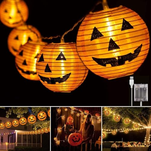 Lecone Halloween Deko Lichterkette, 5M 20 LED Orange Kürbis Lampion Lichterkette mit Batteriebetrieben, 2 Modi Wasserdicht Halloween Lichterkette für Außen Innen, Allerheiligen, Halloween Dekorations von Lecone