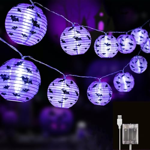 Lecone Halloween Deko Lichterkette, 5M 20LEDS Lila Fledermaus Lampion Lichterkette Batterie und USB, Garten Lichterkette für Halloween Dekorations, Party Deko von Lecone