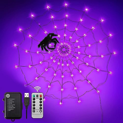 Lecone Halloween Lichterkette 8 Lichtmodi LED Spinnennetz Licht Wasserdicht, 80LEDs Halloween Deko mit Fernbedienung für Tür,Fensterdeko,Garten,Außen&Innen Halloween Decoration von Lecone