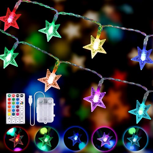 Lecone LED Lichterkette Stern Innen Batterie & USB, 16 Farben 8 Modi Kupferdraht Lichterkette für Zimmer mit Fernbedienung Timer, 6M 50 LED Lichterkette Batteriebetrieben für Schlafzimmer Party von Lecone