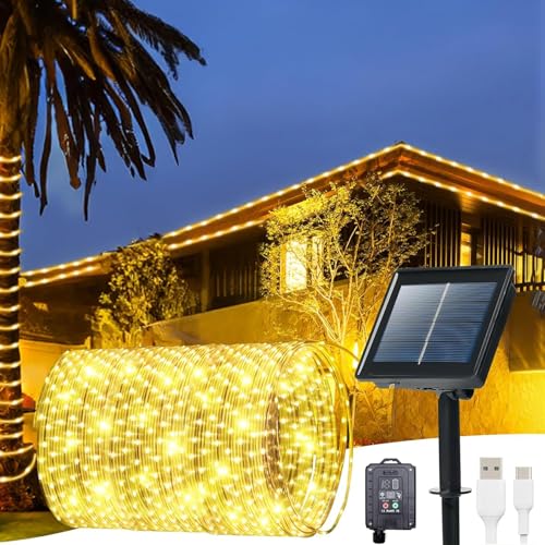 Lecone Solar Lichterkette Aussen, 12M 100 LED Solarlichterkette Außen USB/Solarbetrieben, 8 Modi IP65 Wasserdicht Kupferdraht Lichterkette Outdoor für Balkon Garten Party Hochzeit Deko von Lecone