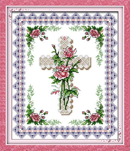 11CT Kreuzstich Set 36x42cm Bedruckte Stoff DIY Stickerei Simple Entry Kit Vorgedrucktes Stickerei für Mädchen Basteln DMC Artikel Stickerei - Rose und Kreuz von Leczany