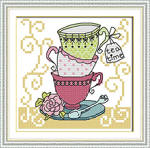 11CT Kreuzstickerei Set bedruckter Stoff 18x18cm DIY Stickerei Set Pre Simple Entry - Druck Stickerei für Mädchen Handwerk DMC Artikel Stickerei - drei Teetasse von Leczany