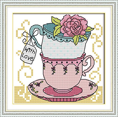 11CTKreuzstickerei Set bedruckter Stoff 18x18cm DIY Stickerei Set Pre Simple Entry - Druck Stickerei für Mädchen Handwerk DMC Artikel Stickerei - Teetasse zwei von Leczany