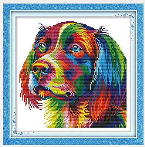 14CT DIY Vorgedrucktes Kreuzstich Sets Handarbeiten Komplette Reihe vorgedruckter Stickstarter-Kits für Anfänger - Regenbogenhund 34x34cm von Leczany