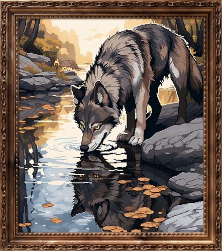 Kreuz Stickerei 11CT 3 Fäden - Meme Startkit für Stickerei Pre - gedruckt Canvas Kit komplett Erwachsener oder Kinder für Anfänger - Le Wolf Boit de l'eau 36x42cm von Leczany