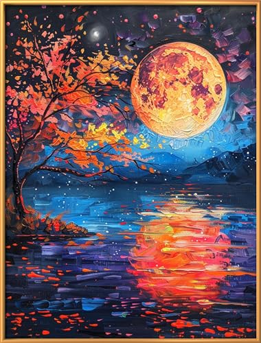 Kreuzstich-Set zum Selbermachen: komplettes Sortiment an vorgedruckten Startersets für Anfänger – Moonlight Lake Landschaft 40x53cm von Leczany