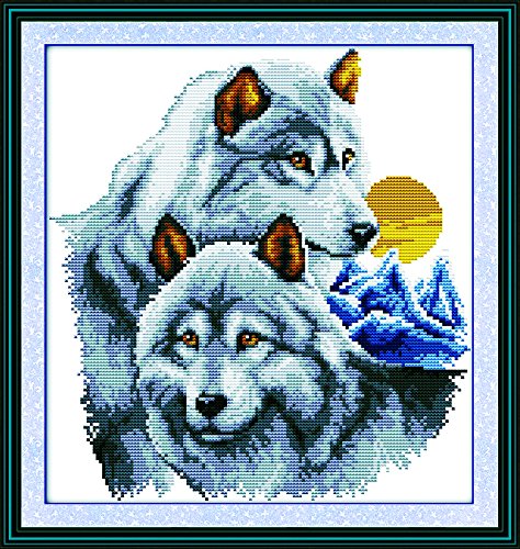 Kreuzstich-Stickset mit Stempel zum Selbermachen, komplettes Sortiment an vorgedruckten Startersets für Anfänger - Die Partner des Wolfes 41x43cm von Leczany