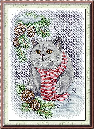 Leczany 11CT Kreuzstich-Set zum Selbermachen, vorgedruckte Startersets für Anfänger, Motiv: schneeblaue Katze, 37 x 51 cm von Leczany