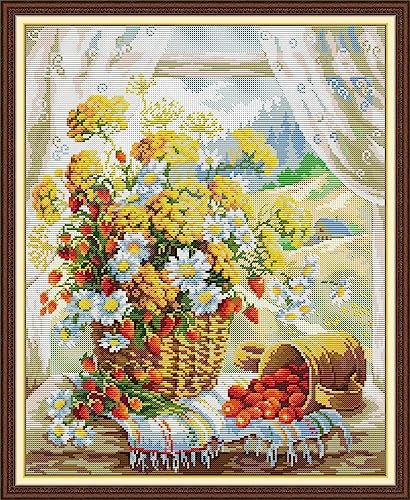 Leczany Kreuzstich-Set, 14 CT, vorgedruckt, Kreuzstich, zum Selbermachen, komplettes Starter-Set für Anfänger – Gänseblümchen, 40 x 48 cm von Leczany