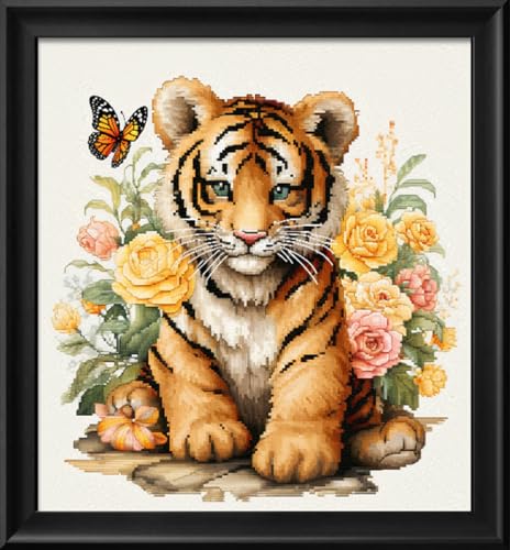 Leczany Kreuzstich-Set zum Selbermachen: komplettes Sortiment an vorgedruckten Startersets für Anfänger –Kleiner Tiger und Schmetterling 36x40cm von Leczany