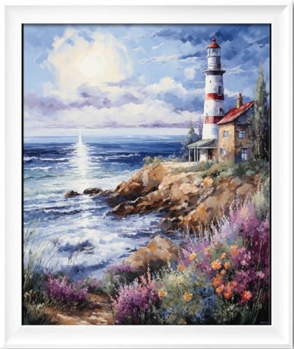 Leczany Kreuzstich-Set zum Selbermachen: komplettes Sortiment an vorgedruckten Startersets für Anfänger –Leuchtturm am Meer 35x43cm von Leczany