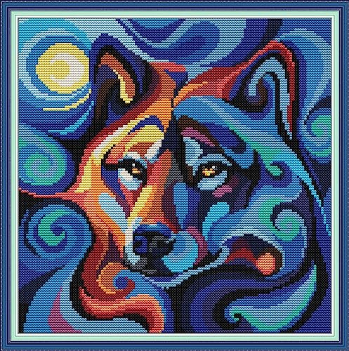 Leczany Kreuzstich-Set zum Selbermachen: komplettes Sortiment an vorgedruckten Startersets für Anfänger –Moon Night Haunted Bear 39x39cm von Leczany