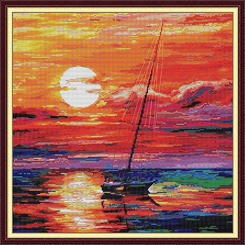 Leczany Kreuzstich-Set zum Selbermachen: komplettes Sortiment an vorgedruckten Startersets für Anfänger – Sonnenuntergang 44x44cm von Leczany