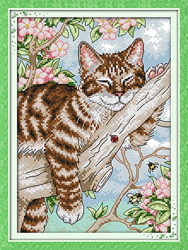 Selbstgestempeltes Kreuzstich-Stickset, komplette Reihe vorgedruckter Starter-Kits für Anfänger - Eine faule Katze in einem Baum 27 x 39 cm von Leczany