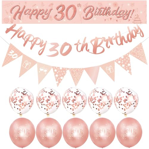 Happy Birthday Dekorationen für Frauen - Rosegold Ballon Set mit Banner, Wimpelkette und Dreiecksflaggen - Elegant 60 Geburtstag Party Supplies (30th) von Ledander