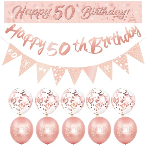 Happy Birthday Dekorationen für Frauen - Roségold Ballon Set mit Banner, Wimpelkette und Dreiecksflaggen - Elegant 60 Geburtstag Party Supplies (50th) von Ledander