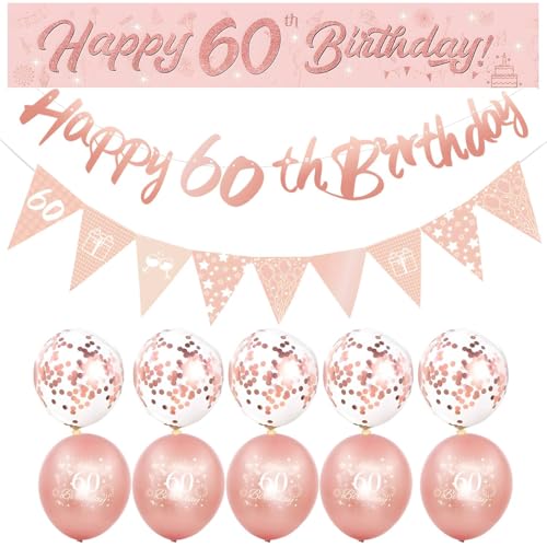 Happy Birthday Dekorationen für Frauen - Rosegold Ballon Set mit Banner, Wimpelkette und Dreiecksflaggen - Elegant 60 Geburtstag Party Supplies (60th) von Ledander