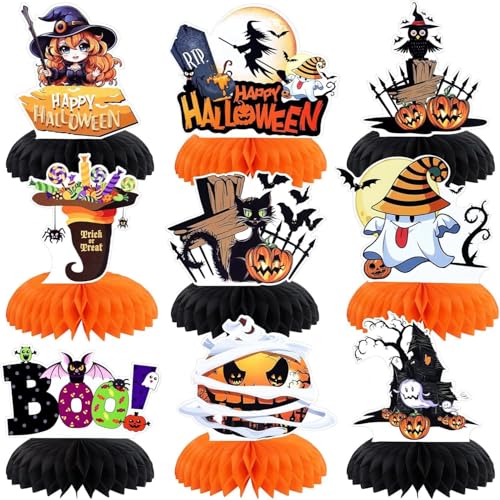 Ledander 9-teiliges Halloween Tischdekor-Set, Partydeko für Halloween, Bienenwaben Tischaufsätze für Kinder-Halloween-Feiern, Geistern und Friedhofsmotiven (Orange) von Ledander