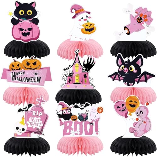 Ledander 9-teiliges Halloween Tischdekor-Set, Partydeko für Halloween, Bienenwaben Tischaufsätze für Kinder-Halloween-Feiern, Geistern und Friedhofsmotiven (Rosa) von Ledander