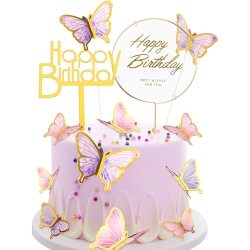 Ledander Rosa Schmetterlinge Tortendeko - 22 Stück 3D Kuchen Dekoration für Geburtstag, Hochzeit und Party - Happy Birthday Cake Topper für Mädchen (LILA) von Ledander