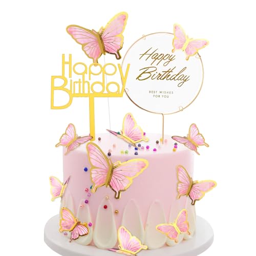 Ledander Rosa Schmetterlinge Tortendeko - 22 Stück 3D Kuchen Dekoration für Geburtstag, Hochzeit und Party - Happy Birthday Cake Topper für Mädchen (ROSA) von Ledander