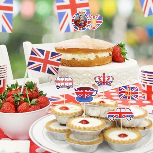 Set mit 8 Cupcake-Toppern und Cocktailspießen, Motiv: britische Flagge, Premium-König-Charles III, Krönungsparty-Dekorationen, königliche Event-Kuchenaufsätze für britische Themenfeiern von Ledander