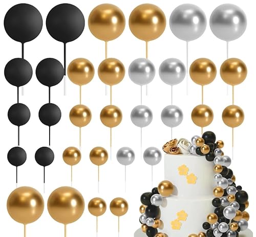 Ledeak 32 Stück Tortendeko Kugeln, Mini-Ballons Tortenaufleger Schaumstoffkugeln, DIY Cupcake Einsatz Kuchen Dekoration für Hochzeit Party Babyparty Geburtstag (Gold, Silber, Schwarz) von Ledeak