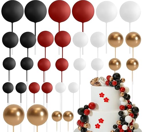 Ledeak 32 Stück Tortendeko Kugeln, Mini-Ballons Tortenaufleger Schaumstoffkugeln, DIY Cupcake Einsatz Kuchen Dekoration für Hochzeit Party Babyparty Geburtstag (Schwarz, Rot, Weiß, Gold) von Ledeak