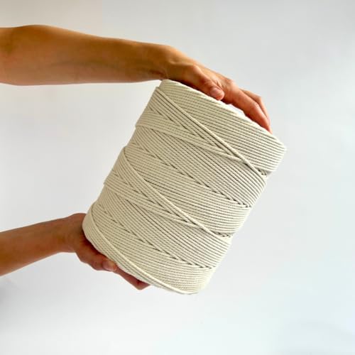 Ledent Makramee Garn (3mm, 800M, Natur) doppelt gedreht - Seil Garn aus einem Stück, 100% recyceltes Baumwollgarn - Dickes Makrame Garn zum Basteln von Ledent