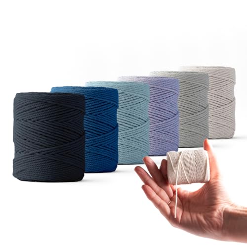 Ledent Makramee Garn (1mm, 6 x 65M, Set 6 Farben) doppelt gedreht - Seil Garn für Makramee aus 100% recyceltes Baumwollgarn - Makramee Garn Satz von 6 kleinen Rollen mit Blau- & Grautönen von Ledent