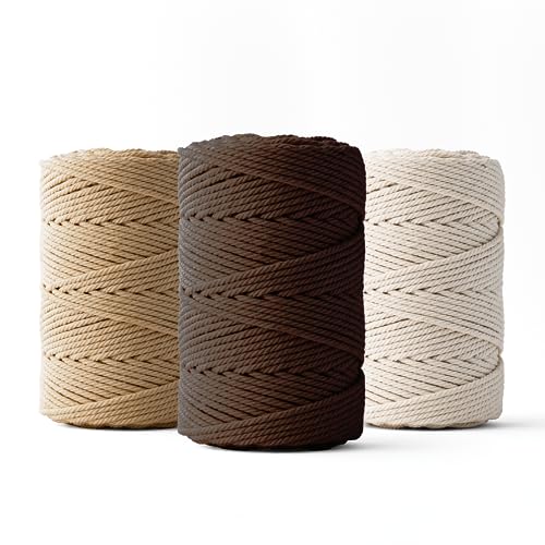 Ledent Makramee Garn (2mm, 3 x 70M, Set mit 3 Farben: Ecru, Dunkelbraun & braun) doppelt gedreht - Seil für Makramee aus 100% recyceltes Baumwollgarn - Makramee Garn zum Basteln von Ledent