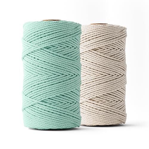 Ledent Makramee Garn (3mm, 2 x 120M, Set 2 Farben, Aqua & Ecru) doppelt gedreht - Seil für Makramee aus 100% recyceltes Baumwollgarn - Seil Makramee in verschiedenen Farben zum Basteln von Ledent