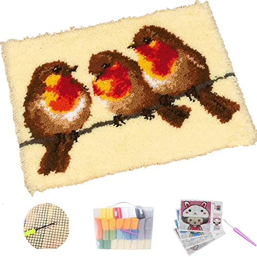 DREI Süße Robin Vögel Knüpfteppich Große Knüpfset Teppich Erwachsene, Latch Hook Kit Bastelset Zum Selber Knüpfen Teppich Home Dekor/Geschenk,Beige,52 * 38cm/20 * 15 in von Lee My