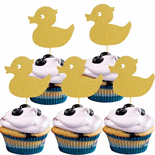 48 Stück goldene Enten-Cupcake-Topper – goldene Glitzer-kleine gelbe Enten-Cupcake-Topper für Baby-Geschlechtsoffenbarung, Party, Babyparty, Tierbauernhof Mottoparty, Mädchen, Jungen Geburtstagsparty von LeeLeeAn