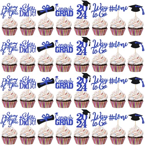 2022 Graduation Cupcake Toppers - 32 Stück Blau und Schwarz Graduation Cupcake Topper für 2022 Abschlussfeier Dekorationen 2022 Blau Graduation Picks für Cupcakes von LeeSky