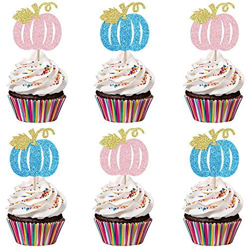 24 Stück Kürbis-Cupcake-Topper rosa und blau glitzernd - kleiner Kürbis Babyparty Dekorationen, Kürbis-Essensspieße für Herbst, Babyparty, Party, Mini-Kuchendekoration von LeeSky