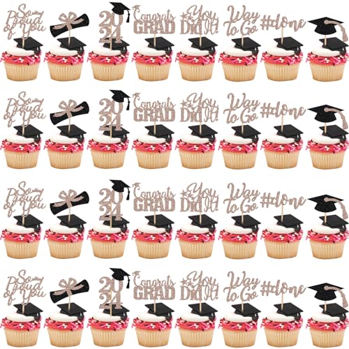 32 Stück Cupcake-Topper 2022 Rotgold, Abschluss-Tafelaufsätze Sticks, Congrats Grade Class of 2022 Diplom-Kappe, Cupcake-Picker für Abschlussfeier, Party-Dekorationen 2022 Roségold und Schwarz von LeeSky