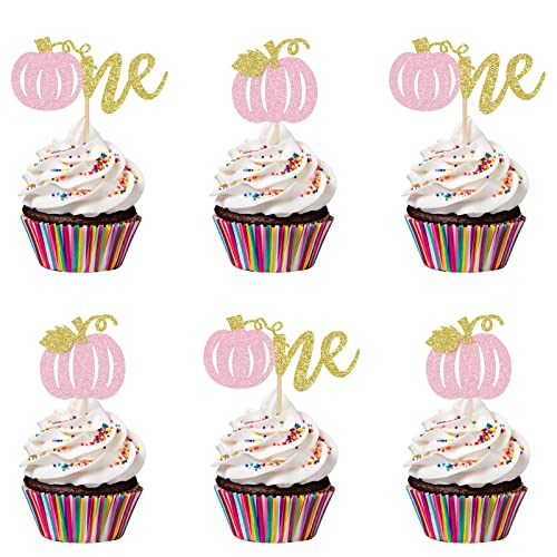 32 Stück Kürbis One Cupcake-Topper – rosa Kürbis zum 1. Geburtstag Cupcake-Dekorationen kleiner Kürbis Babyparty Dekorationen für Herbst Kürbis 1 Geburtstag Party Kuchen Zubehör (Rosa und Gold) von LeeSky