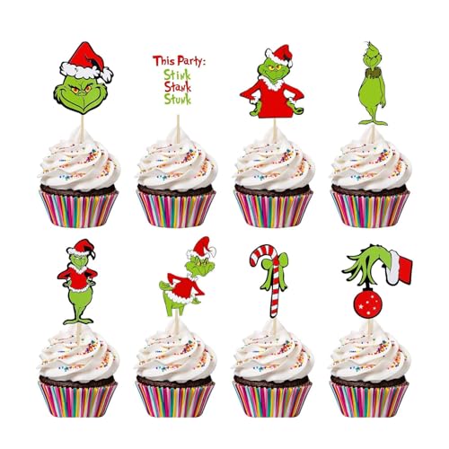 Cupcake-Topper, 32 Stück, rot und grün, Grinchen, Cupcake-Aufsätze, Whoville-Cupcake-Topper für Weihnachten, Cupcakes, Party-Dekorationen von LeeSky