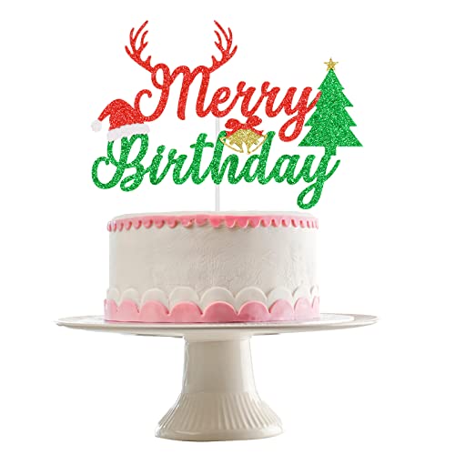 Rot & Grün Glitzer Merry Birthday Kuchenaufsatz, Weihnachten Juli Geburtstag Dekorationen, Weihnachten Juli Geburtstag Kuchen Topper, Kinder Weihnachten Geburtstag Party Kuchen Lebensmittel Picks, Winter Onederland Geburtstag Dekorationen Zubehör von LeeSky