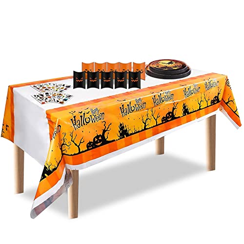 Leeelyan Halloween Geschirr Set, 10 Sätze Partygeschirr Set mit Pappteller Tischdecke Bonbonbox Kürbis Tattoo Sticker Hängendes Banner Geeignet für Halloween Grusel Party Deko von Leeelyan