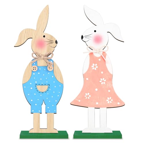 Leeelyan 2 Stück Osterhase Deko aus Holz, Osterdeko Holz Hase, Osterhasen zum Hinstellen, Deko-Aufsteller für Ostern, Osterhase aus Holz als Tischdekoration für drinnen und draußen von Leeelyan